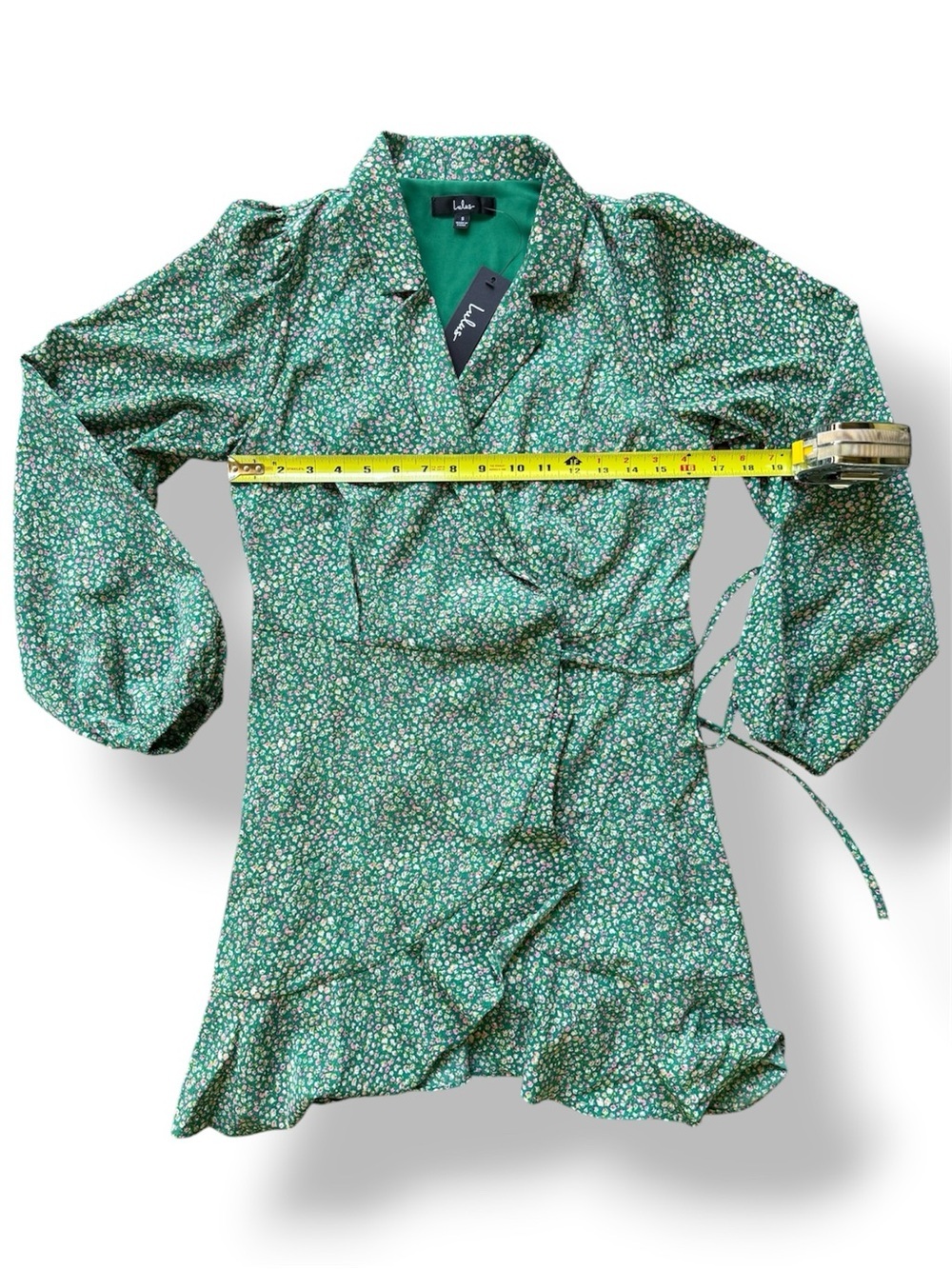 Lulus Totally Cute Time Green Floral Wrap Mini Dress NWT Small Ruffle Hem - Picture 5 of 10
